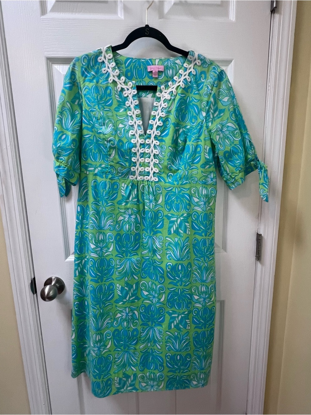 Lilly Pulitzer 3/4 Bow Sleeve Tunic Sheath Apple Green Turquoise Block Print 14